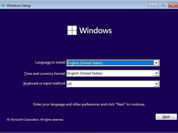 صفحه شروع فرآیند نصب ویندوز 11