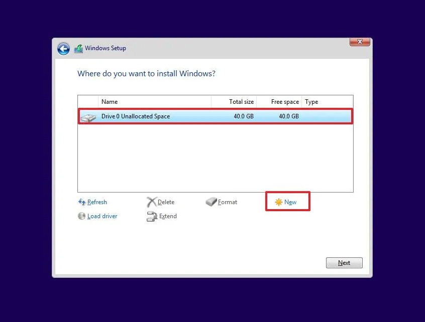 صفحه پارتیشن بندی در هنگام نصب ویندوز 11