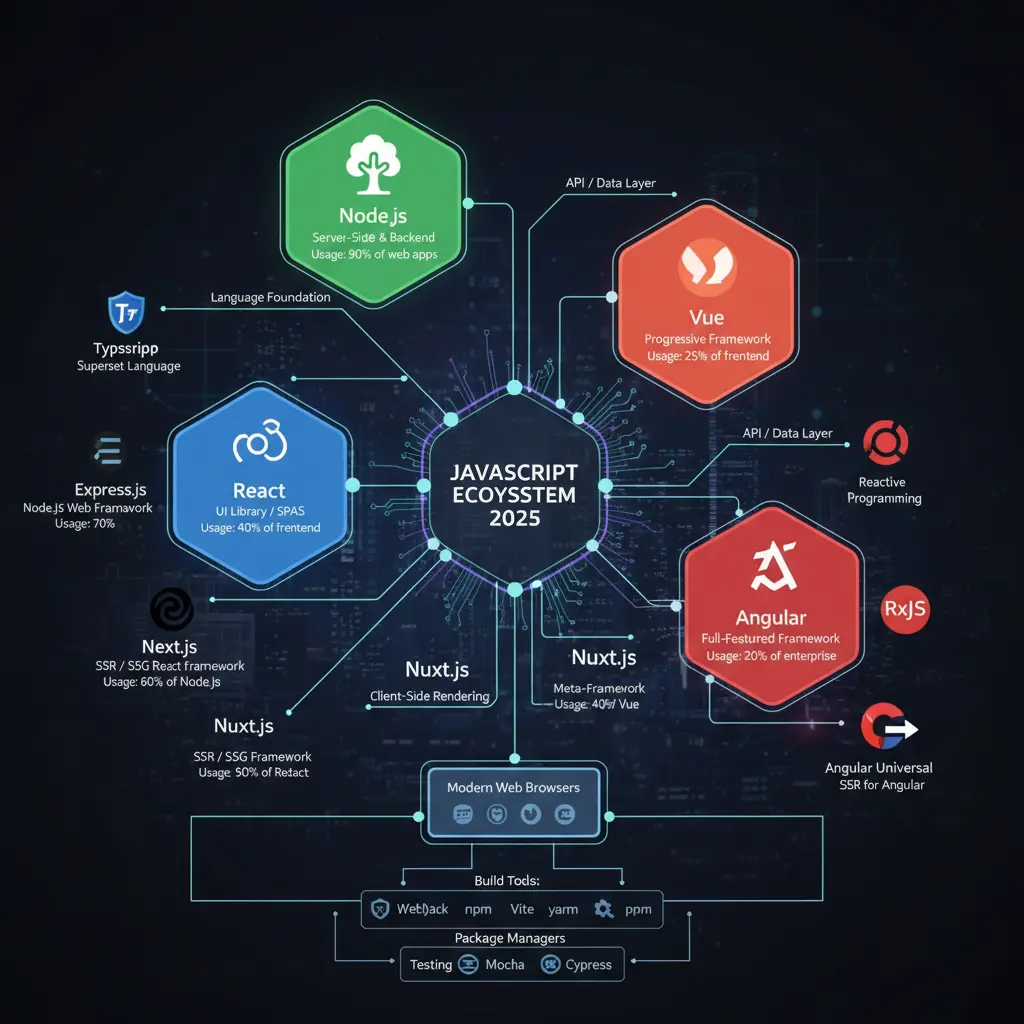اکوسیستم جاوااسکریپت 2025 - Node.js React Vue Angular
